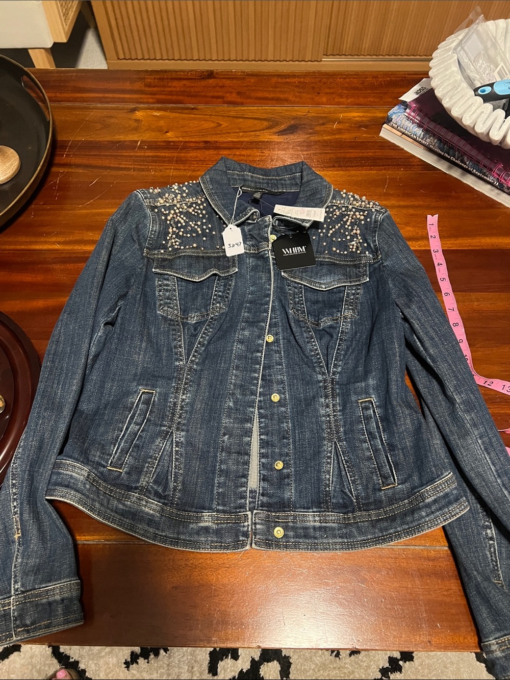 White House Black Market Dark Blue Denim Jacket with Pearl Accents
